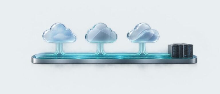 Conceptual illustration of multiple clouds and on-premises servers connected through a unified data layer.