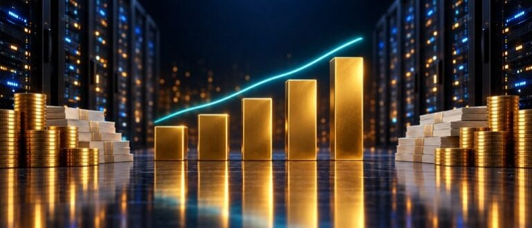 Golden ascending bars and a cyan trend line with blank coins in a data center