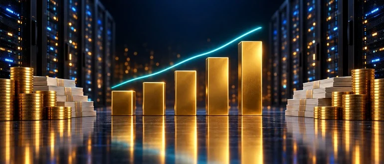 Golden ascending bars and a cyan trend line with blank coins in a data center