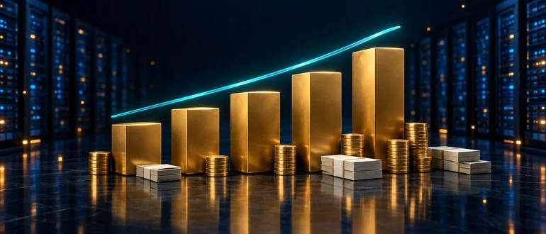 Golden ascending bars and cyan trend line with coins in a data center