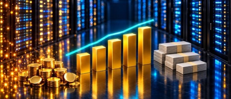Golden ascending bars and a cyan trend line with blank coins in a data center