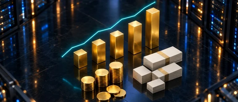 Golden ascending bars and a cyan trend line with blank coins in a data center